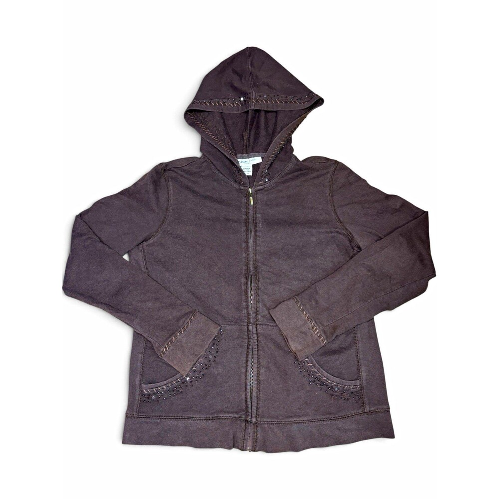 VTG Style & Co Sport Petite Small Hoodie Jacket Brown Sequin Beaded Y2K Cotton